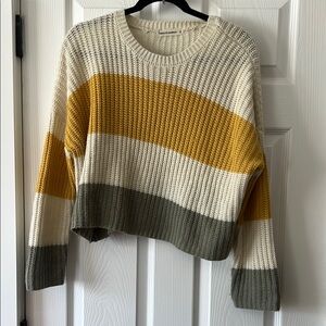 Striped Crewneck Cropped Sweater - Cream, Mustard & Olive